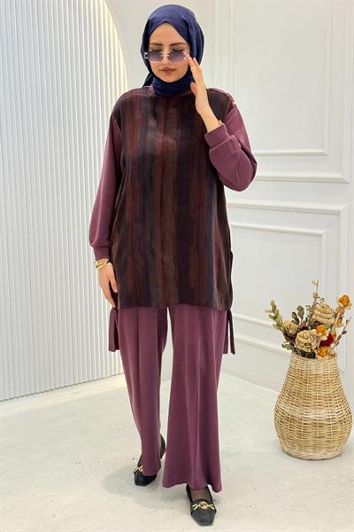 Doğal Desenli Tunik Pantolon Takım Mürdüm OTW3453