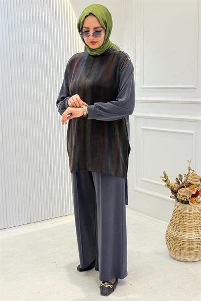 Doğal Desenli Tunik Pantolon Takım Siyah OTW3453