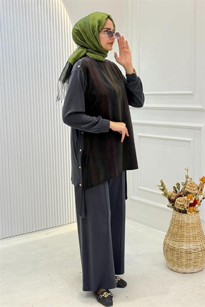 Doğal Desenli Tunik Pantolon Takım Siyah OTW3453