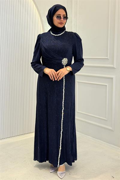 Drapeli Taş İşlemeli Abiye Elbise Lacivert OTW4781