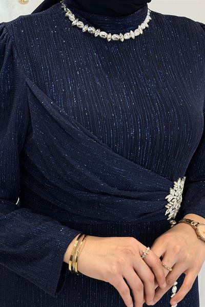 Drapeli Taş İşlemeli Abiye Elbise Lacivert OTW4781