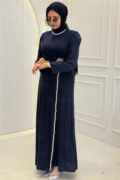 Drapeli Taş İşlemeli Abiye Elbise Lacivert OTW4781