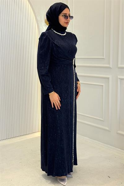 Drapeli Taş İşlemeli Abiye Elbise Lacivert OTW4781