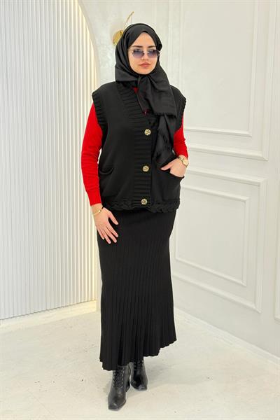 Düğme Detaylı Büyük Beden Örme Triko Yelek Siyah OTW5750