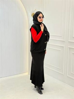 Düğme Detaylı Büyük Beden Örme Triko Yelek Siyah OTW5750