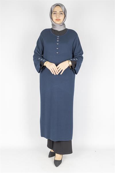 Düğme Detaylı Çelik Örme Uzun Büyük Beden Elbise&Tunik Petrol OTW14436