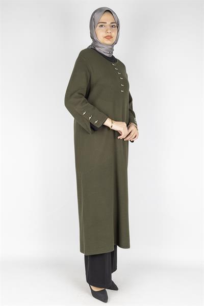 Düğme Detaylı Çelik Örme Uzun Büyük Beden Elbise&Tunik Haki OTW14436