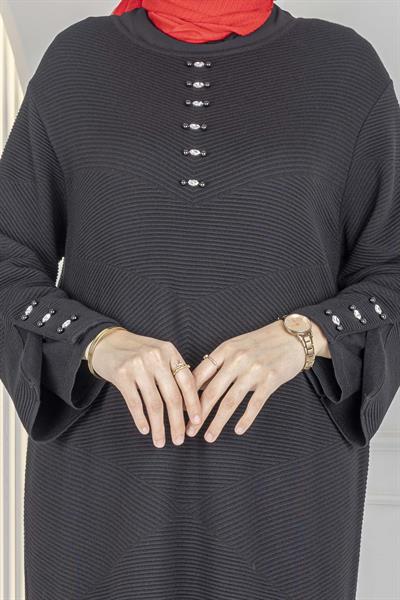 Düğme Detaylı Çelik Örme Uzun Büyük Beden Elbise&Tunik Siyah OTW14436
