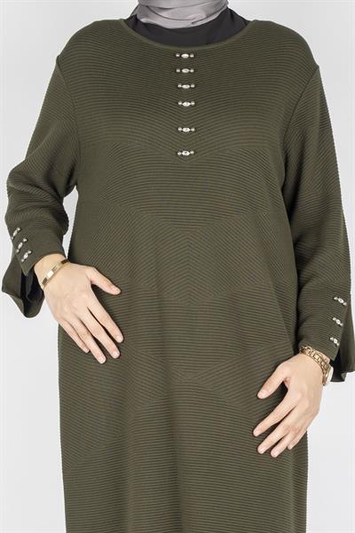 Düğme Detaylı Çelik Örme Uzun Büyük Beden Elbise&Tunik Haki OTW14436