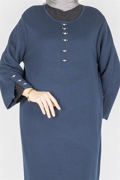 Düğme Detaylı Çelik Örme Uzun Büyük Beden Elbise&Tunik Petrol OTW14436