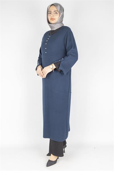 Düğme Detaylı Çelik Örme Uzun Büyük Beden Elbise&Tunik Petrol OTW14436
