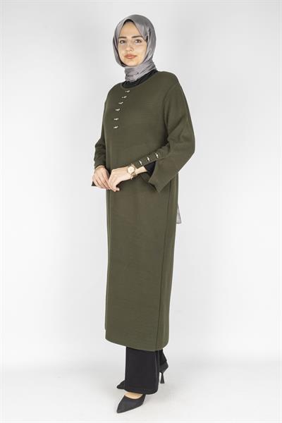 Düğme Detaylı Çelik Örme Uzun Büyük Beden Elbise&Tunik Haki OTW14436