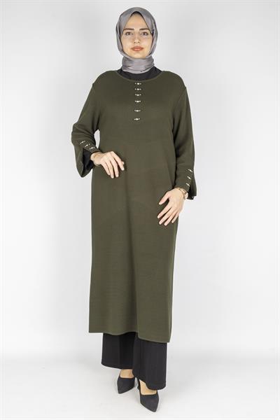 Düğme Detaylı Çelik Örme Uzun Büyük Beden Elbise&Tunik Haki OTW14436