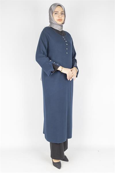 Düğme Detaylı Çelik Örme Uzun Büyük Beden Elbise&Tunik Petrol OTW14436