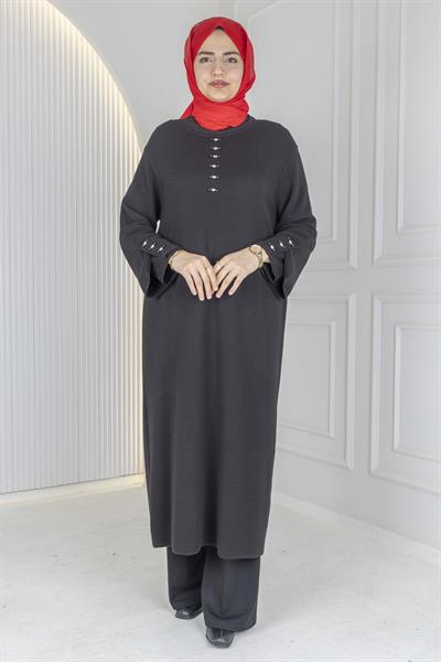 Düğme Detaylı Çelik Örme Uzun Büyük Beden Elbise&Tunik Siyah OTW14436