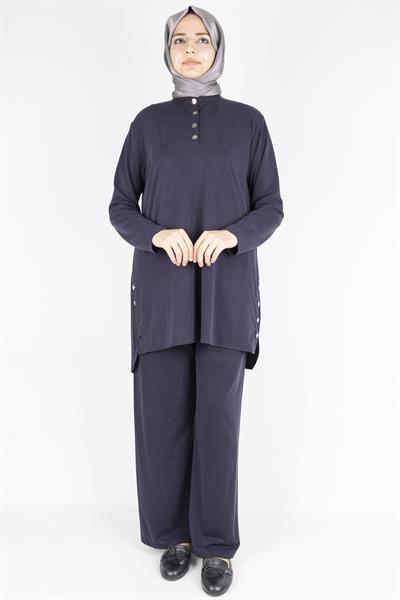 Düğme Detaylı Hakim Yaka Tunik Pantolon İkili Takım Lacivert OTW564