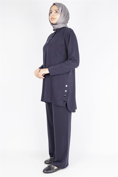 Düğme Detaylı Hakim Yaka Tunik Pantolon İkili Takım Lacivert OTW564