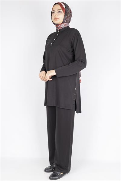 Düğme Detaylı Hakim Yaka Tunik Pantolon İkili Takım Siyah OTW564