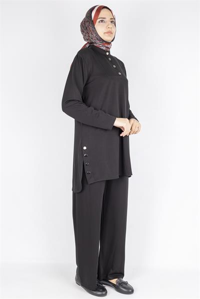 Düğme Detaylı Hakim Yaka Tunik Pantolon İkili Takım Siyah OTW564