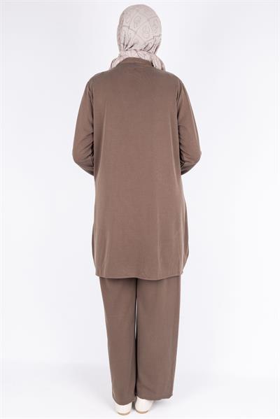 Düğme Detaylı Hakim Yaka Tunik Pantolon İkili Takım Kahve OTW564