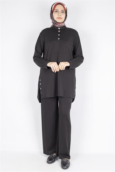 Düğme Detaylı Hakim Yaka Tunik Pantolon İkili Takım Siyah OTW564