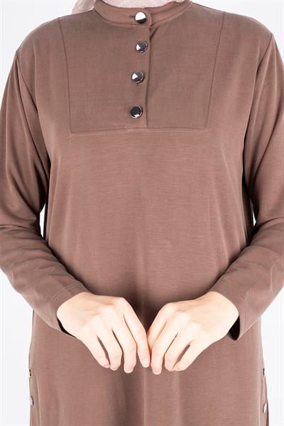Düğme Detaylı Hakim Yaka Tunik Pantolon İkili Takım Kahve OTW564