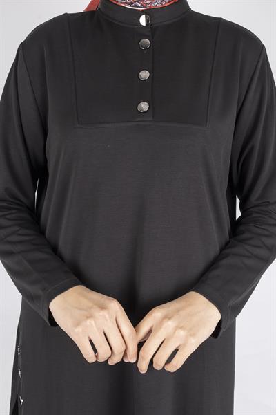 Düğme Detaylı Hakim Yaka Tunik Pantolon İkili Takım Siyah OTW564