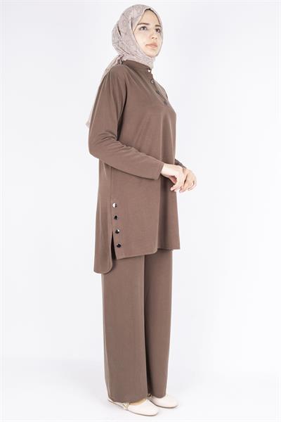 Düğme Detaylı Hakim Yaka Tunik Pantolon İkili Takım Kahve OTW564