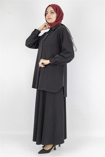 Düğme Detaylı Klasik Etekli İkili Takım Siyah OTW066
