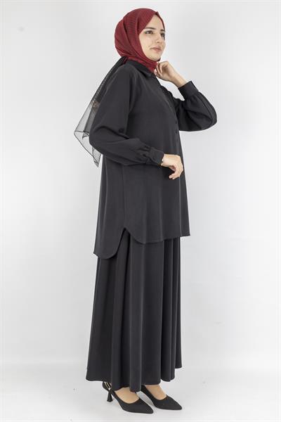 Düğme Detaylı Klasik Etekli İkili Takım Siyah OTW066
