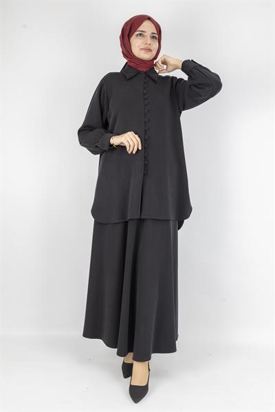 Düğme Detaylı Klasik Etekli İkili Takım Siyah OTW066