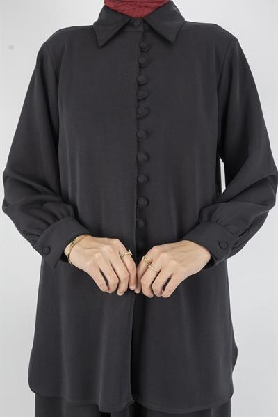 Düğme Detaylı Klasik Etekli İkili Takım Siyah OTW066