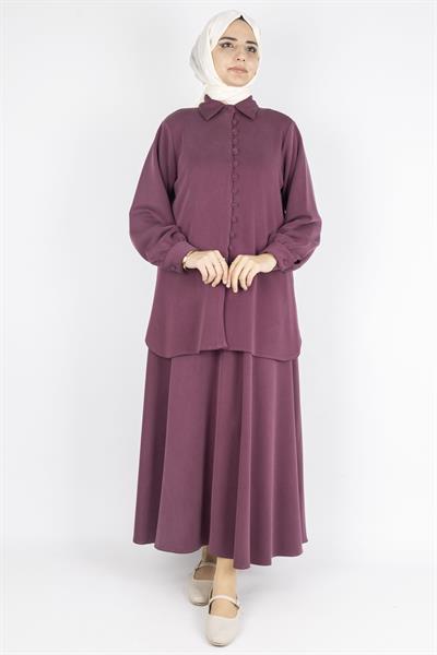 Düğme Detaylı Klasik Etekli İkili Takım Gül Kurusu OTW066