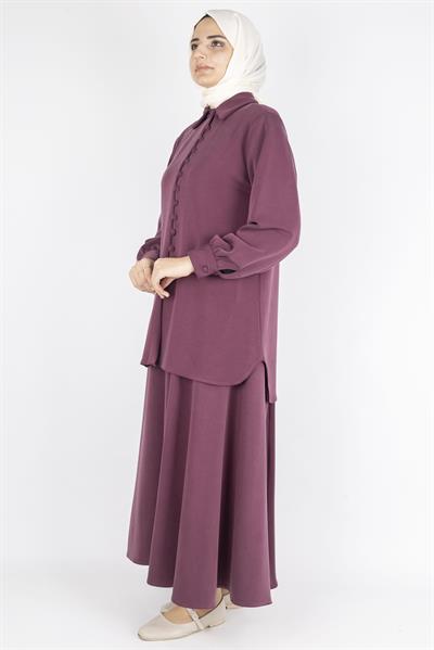 Düğme Detaylı Klasik Etekli İkili Takım Gül Kurusu OTW066