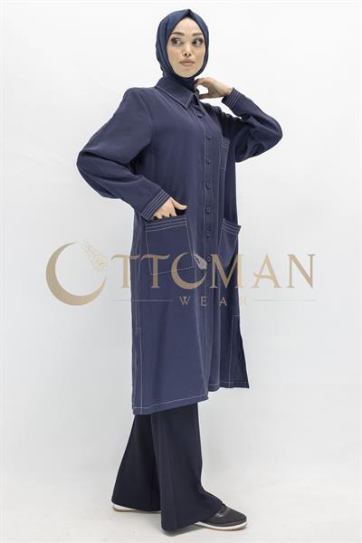 Düğme Detaylı Tencel Kumaş Büyük Beden Kap Lacivert OTW25217