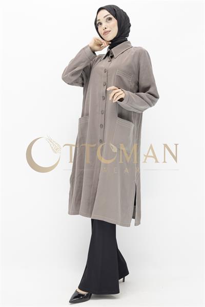 Düğme Detaylı Tencel Kumaş Büyük Beden Kap Vizon OTW25217