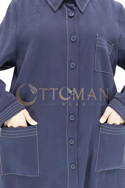 Düğme Detaylı Tencel Kumaş Büyük Beden Kap Lacivert OTW25217