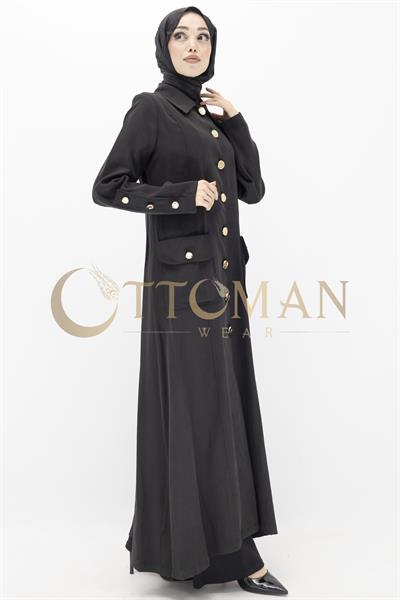 Düğme Detaylı Tencel Kumaş Büyük Beden Kap Siyah OTW36282
