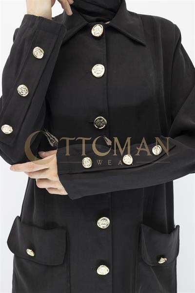 Düğme Detaylı Tencel Kumaş Büyük Beden Kap Siyah OTW36282