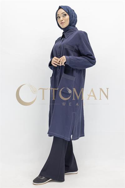 Düğme Detaylı Tencel Kumaş Büyük Beden Kap Lacivert OTW25217
