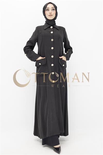 Düğme Detaylı Tencel Kumaş Büyük Beden Kap Siyah OTW36282