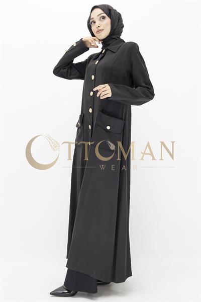 Düğme Detaylı Tencel Kumaş Büyük Beden Kap Siyah OTW36282