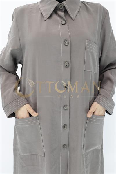 Düğme Detaylı Tencel Kumaş Büyük Beden Kap Vizon OTW25217