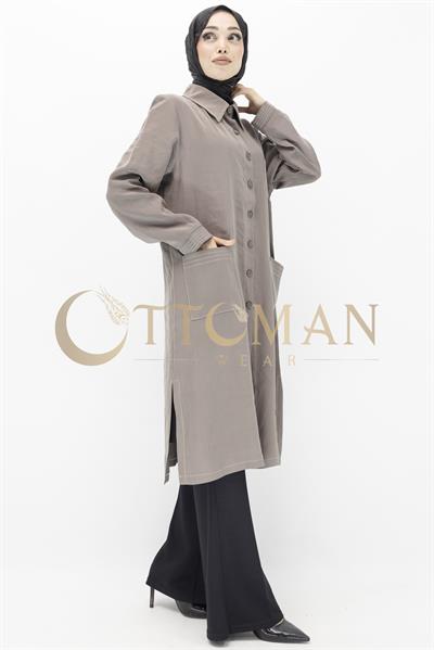 Düğme Detaylı Tencel Kumaş Büyük Beden Kap Vizon OTW25217