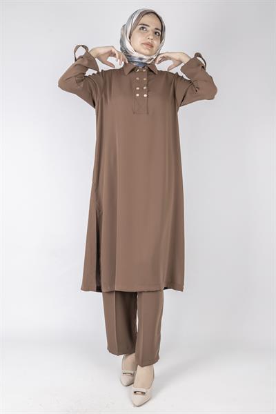 Düğme Detaylı Tunik Pantolon Takım Kahve OTW2188