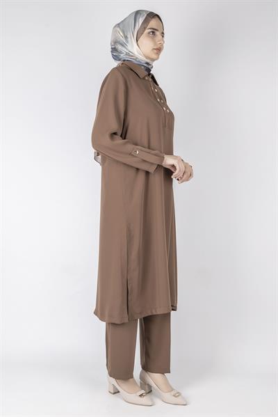 Düğme Detaylı Tunik Pantolon Takım Kahve OTW2188