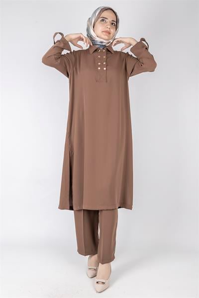 Düğme Detaylı Tunik Pantolon Takım Kahve OTW2188