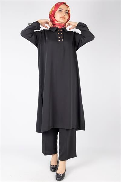 Düğme Detaylı Tunik Pantolon Takım Siyah OTW2188