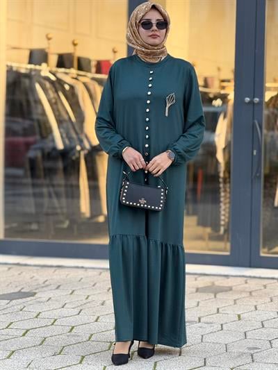 Düğme Detaylı Volan Etek Büyük Beden Tesettür Elbise Petrol OTW2202