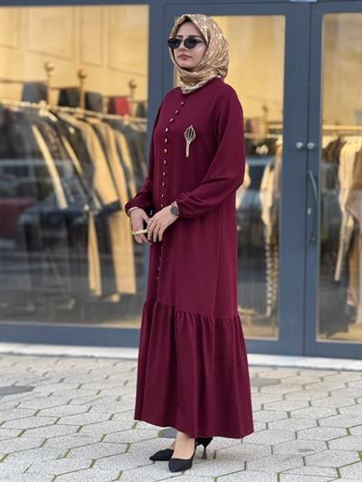 Düğme Detaylı Volan Etek Büyük Beden Tesettür Elbise Bordo OTW2202